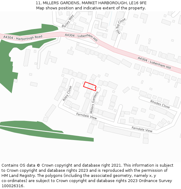 11, MILLERS GARDENS, MARKET HARBOROUGH, LE16 9FE: Location map and indicative extent of plot