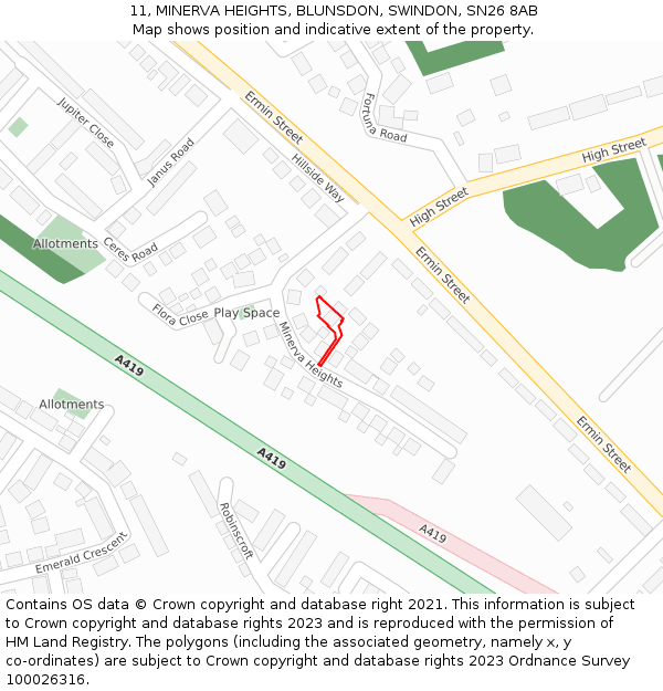 11, MINERVA HEIGHTS, BLUNSDON, SWINDON, SN26 8AB: Location map and indicative extent of plot