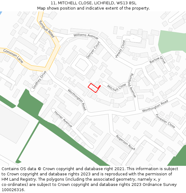 11, MITCHELL CLOSE, LICHFIELD, WS13 8SL: Location map and indicative extent of plot