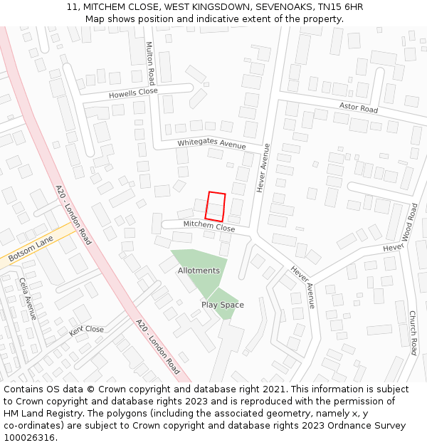 11, MITCHEM CLOSE, WEST KINGSDOWN, SEVENOAKS, TN15 6HR: Location map and indicative extent of plot