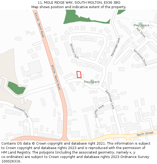 11, MOLE RIDGE WAY, SOUTH MOLTON, EX36 3BG: Location map and indicative extent of plot