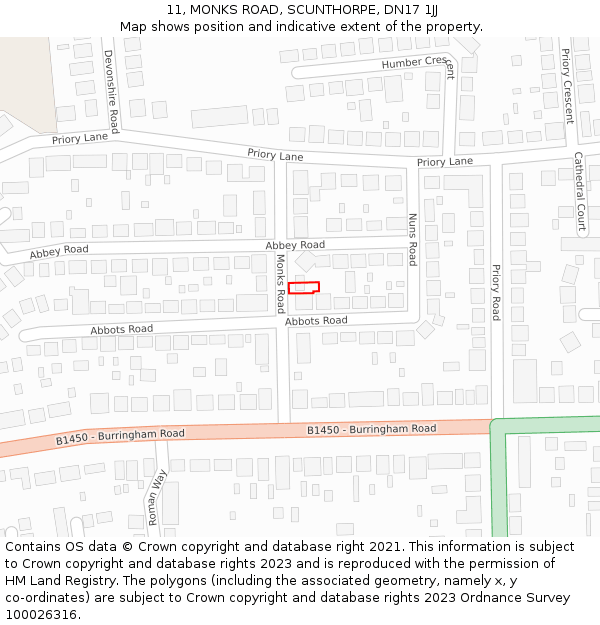 11, MONKS ROAD, SCUNTHORPE, DN17 1JJ: Location map and indicative extent of plot