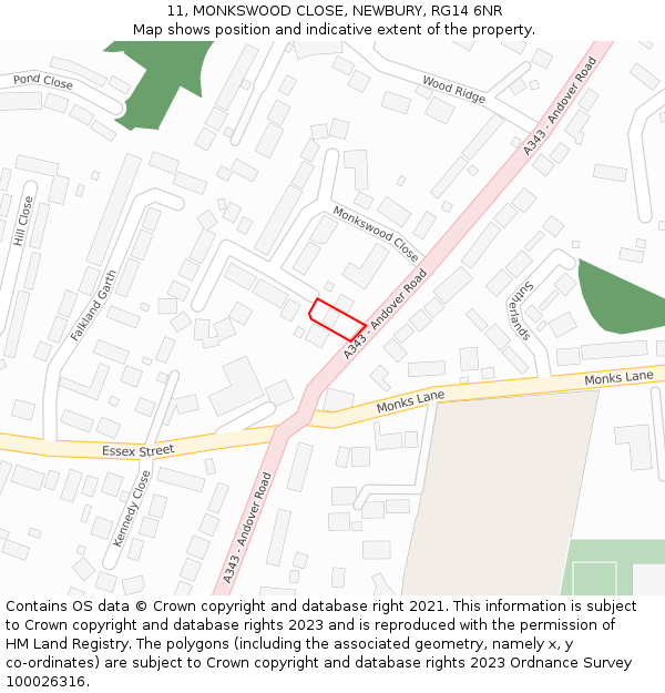 11, MONKSWOOD CLOSE, NEWBURY, RG14 6NR: Location map and indicative extent of plot