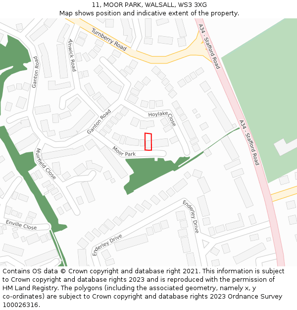 11, MOOR PARK, WALSALL, WS3 3XG: Location map and indicative extent of plot