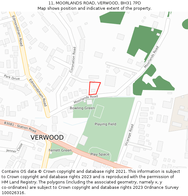 11, MOORLANDS ROAD, VERWOOD, BH31 7PD: Location map and indicative extent of plot