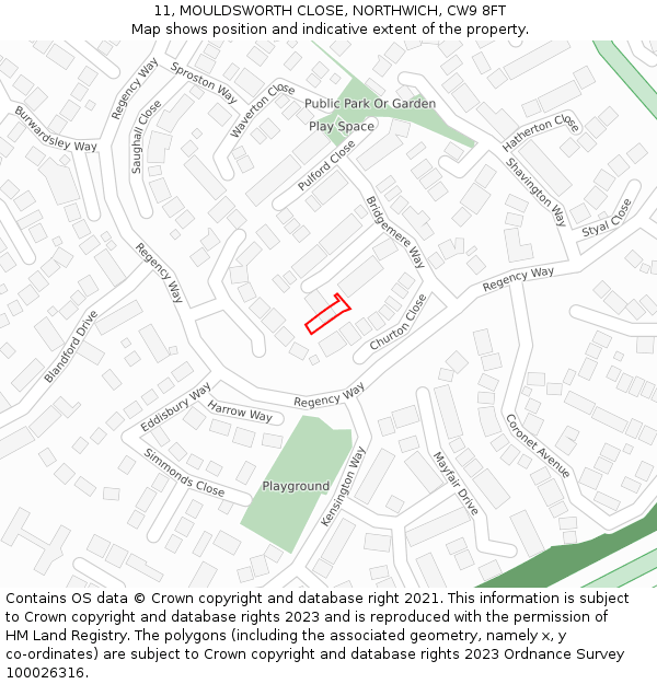 11, MOULDSWORTH CLOSE, NORTHWICH, CW9 8FT: Location map and indicative extent of plot