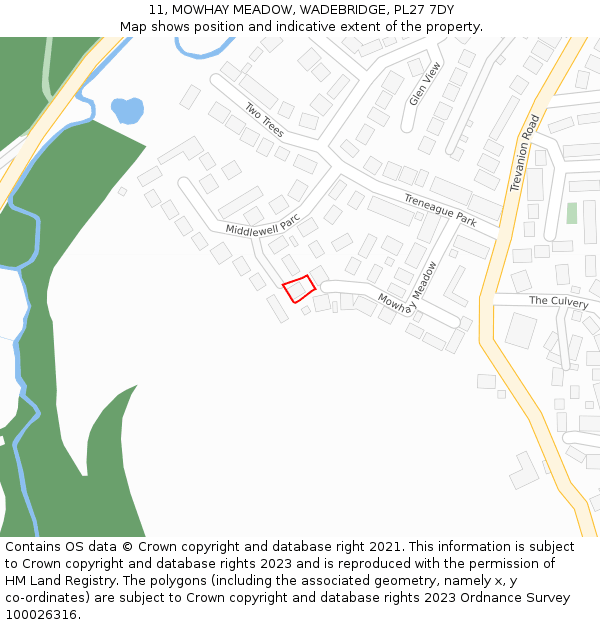 11, MOWHAY MEADOW, WADEBRIDGE, PL27 7DY: Location map and indicative extent of plot