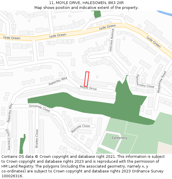 11, MOYLE DRIVE, HALESOWEN, B63 2XR: Location map and indicative extent of plot