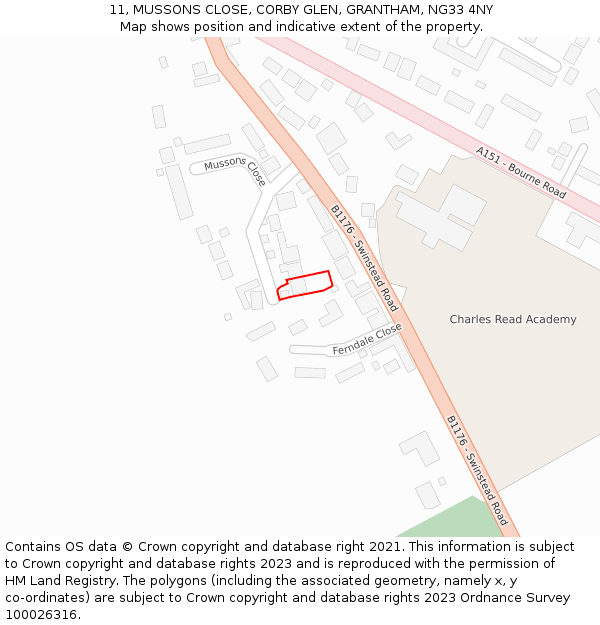 11, MUSSONS CLOSE, CORBY GLEN, GRANTHAM, NG33 4NY: Location map and indicative extent of plot