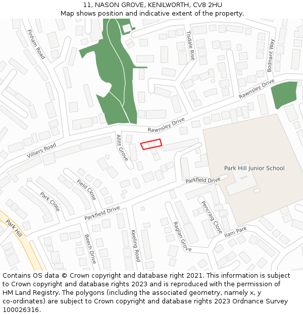 11, NASON GROVE, KENILWORTH, CV8 2HU: Location map and indicative extent of plot