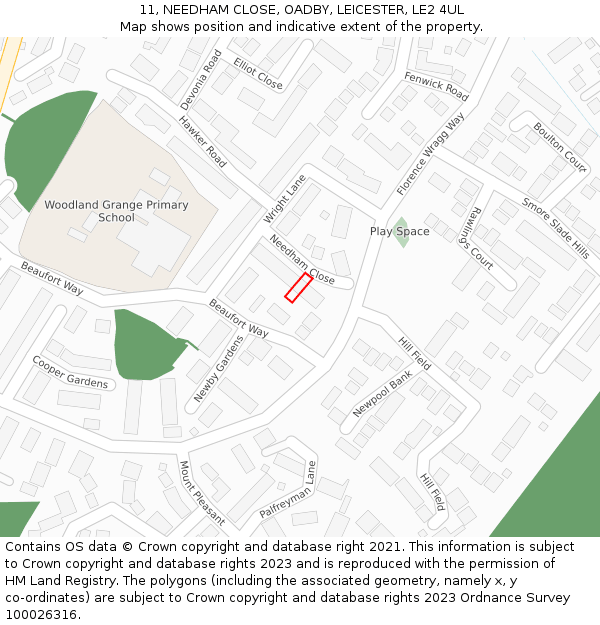 11, NEEDHAM CLOSE, OADBY, LEICESTER, LE2 4UL: Location map and indicative extent of plot