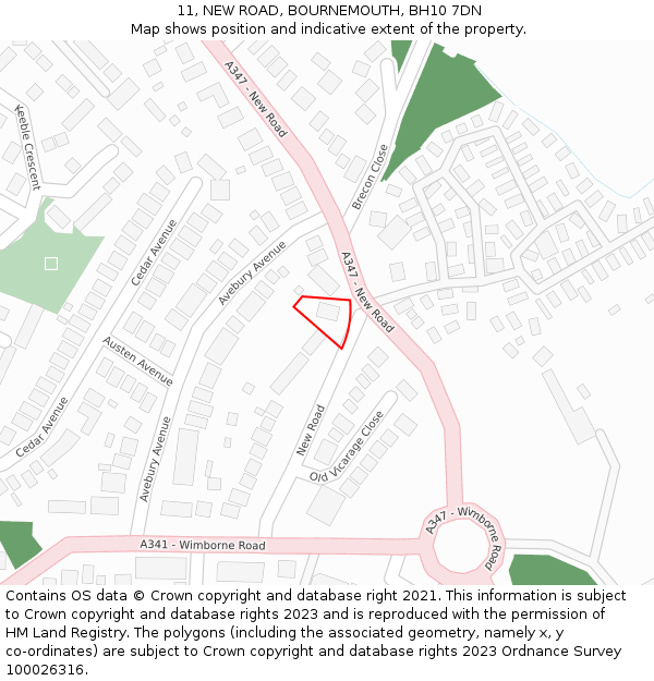 11, NEW ROAD, BOURNEMOUTH, BH10 7DN: Location map and indicative extent of plot