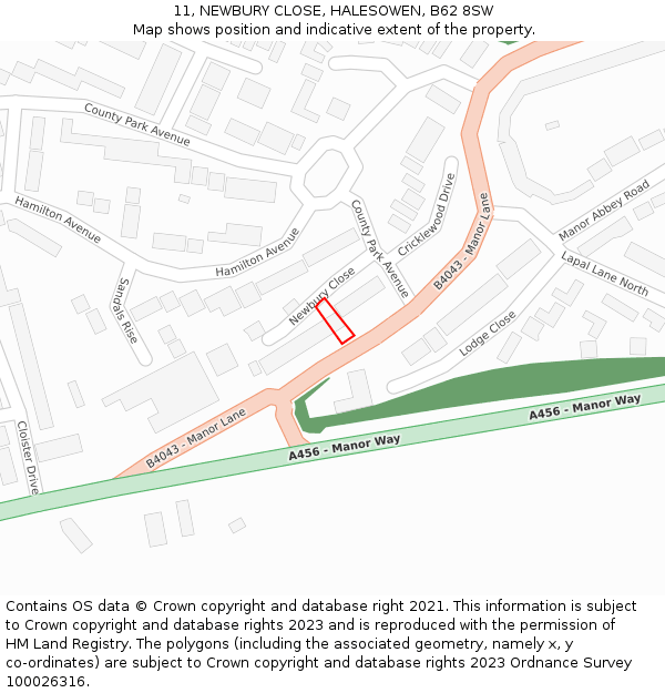 11, NEWBURY CLOSE, HALESOWEN, B62 8SW: Location map and indicative extent of plot