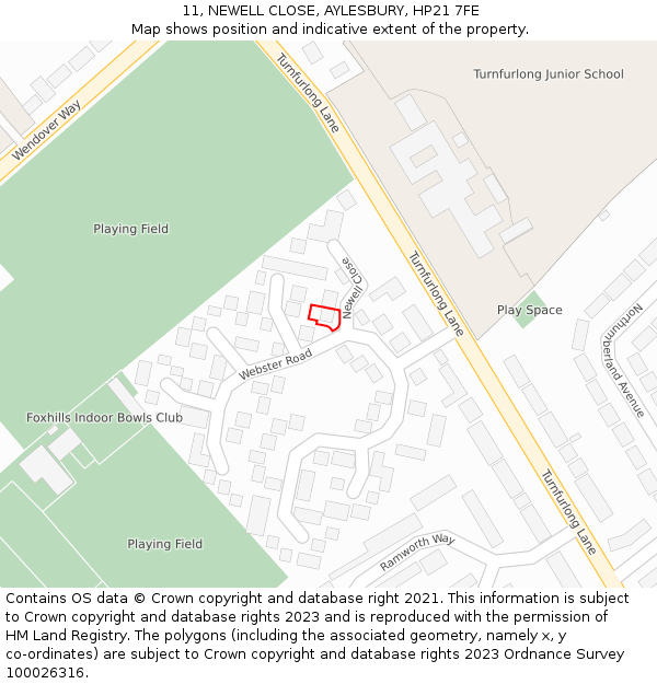 11, NEWELL CLOSE, AYLESBURY, HP21 7FE: Location map and indicative extent of plot