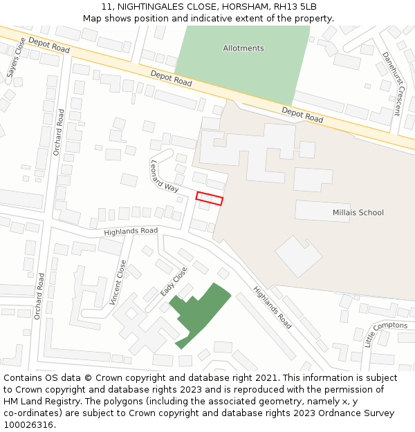 11, NIGHTINGALES CLOSE, HORSHAM, RH13 5LB: Location map and indicative extent of plot