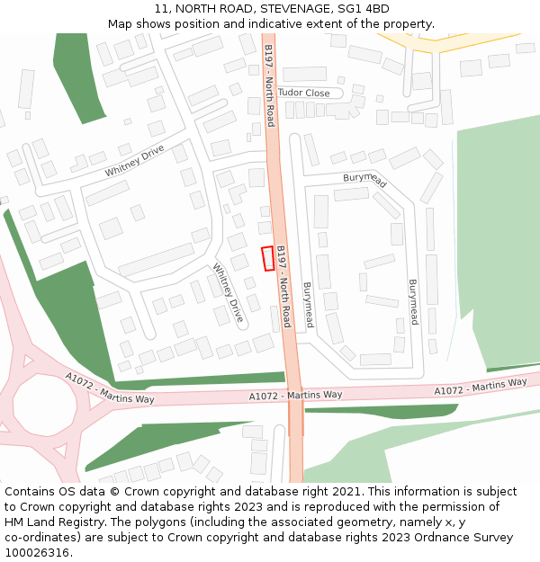 11, NORTH ROAD, STEVENAGE, SG1 4BD: Location map and indicative extent of plot