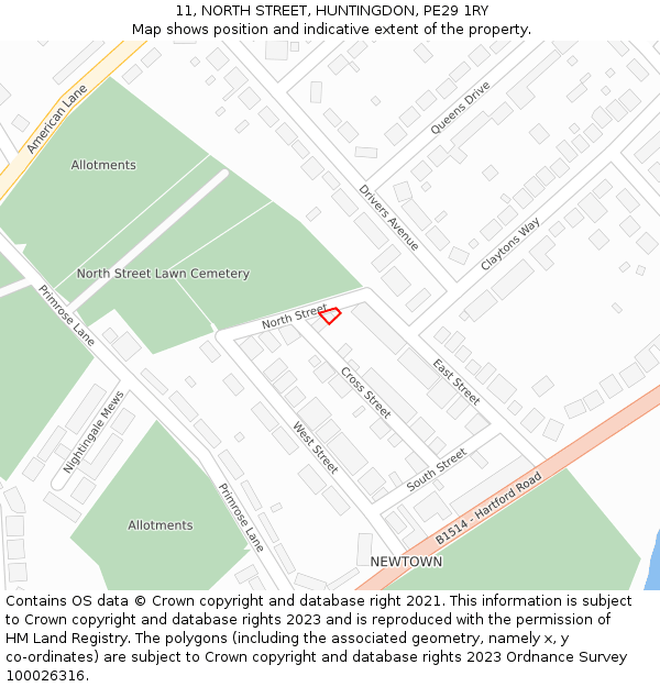11, NORTH STREET, HUNTINGDON, PE29 1RY: Location map and indicative extent of plot