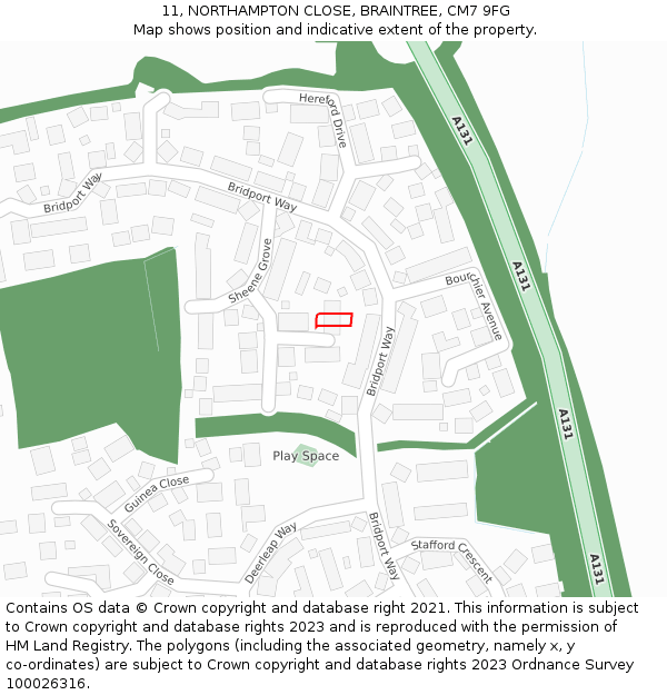 11, NORTHAMPTON CLOSE, BRAINTREE, CM7 9FG: Location map and indicative extent of plot