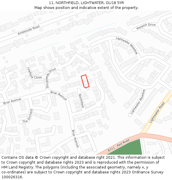 11, NORTHFIELD, LIGHTWATER, GU18 5YR: Location map and indicative extent of plot