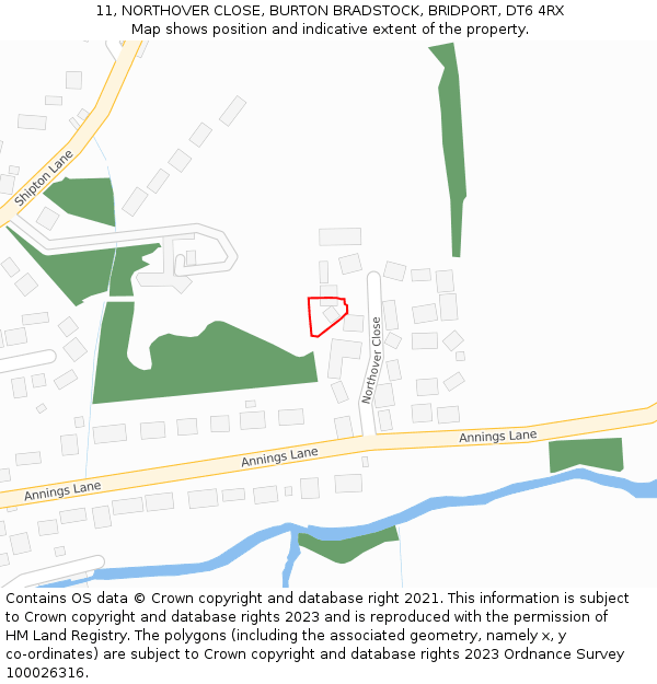 11, NORTHOVER CLOSE, BURTON BRADSTOCK, BRIDPORT, DT6 4RX: Location map and indicative extent of plot