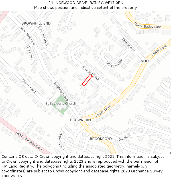 11, NORWOOD DRIVE, BATLEY, WF17 0BN: Location map and indicative extent of plot