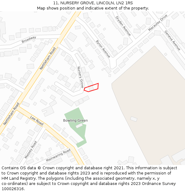 11, NURSERY GROVE, LINCOLN, LN2 1RS: Location map and indicative extent of plot