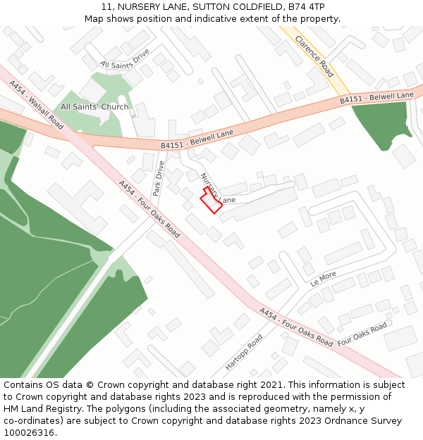 11, NURSERY LANE, SUTTON COLDFIELD, B74 4TP: Location map and indicative extent of plot