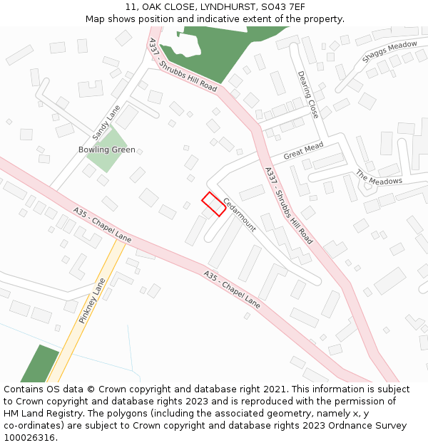 11, OAK CLOSE, LYNDHURST, SO43 7EF: Location map and indicative extent of plot