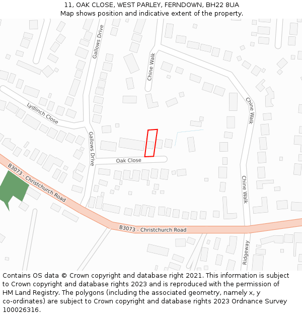 11, OAK CLOSE, WEST PARLEY, FERNDOWN, BH22 8UA: Location map and indicative extent of plot