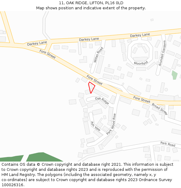 11, OAK RIDGE, LIFTON, PL16 0LD: Location map and indicative extent of plot