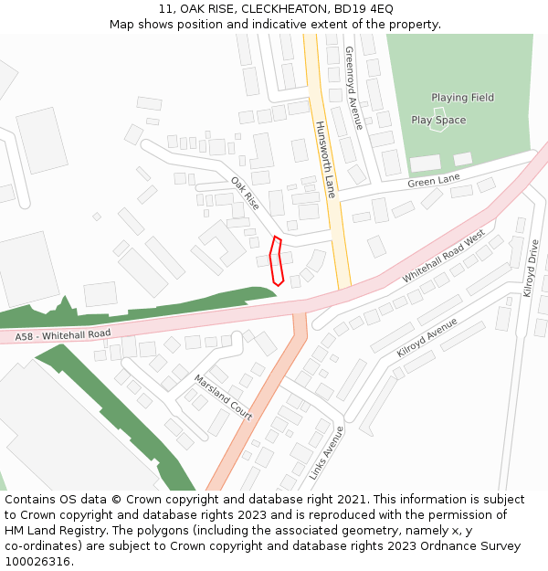 11, OAK RISE, CLECKHEATON, BD19 4EQ: Location map and indicative extent of plot