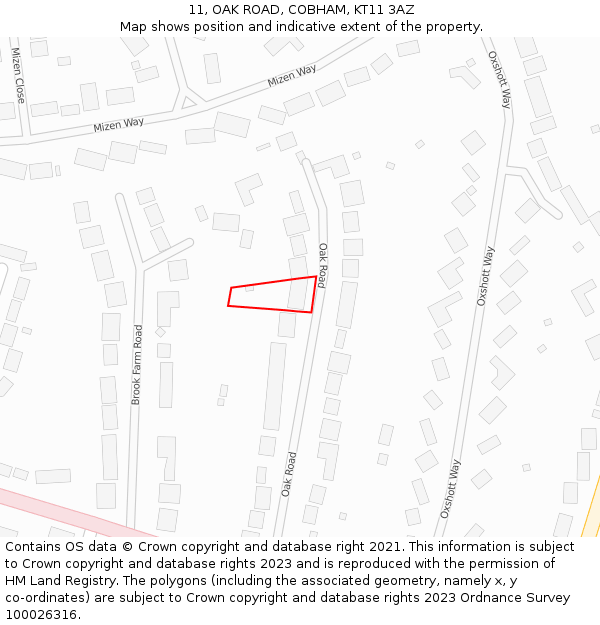 11, OAK ROAD, COBHAM, KT11 3AZ: Location map and indicative extent of plot