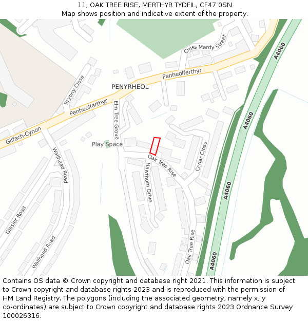 11, OAK TREE RISE, MERTHYR TYDFIL, CF47 0SN: Location map and indicative extent of plot