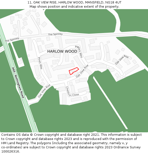 11, OAK VIEW RISE, HARLOW WOOD, MANSFIELD, NG18 4UT: Location map and indicative extent of plot