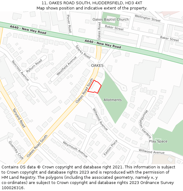 11, OAKES ROAD SOUTH, HUDDERSFIELD, HD3 4XT: Location map and indicative extent of plot