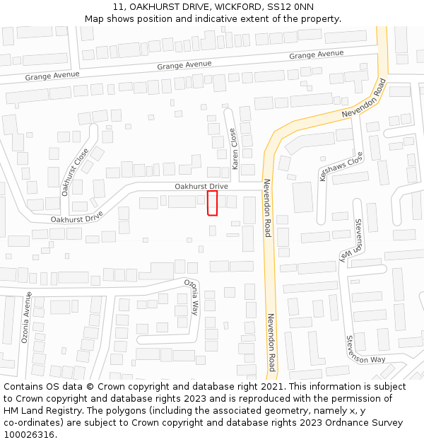 11, OAKHURST DRIVE, WICKFORD, SS12 0NN: Location map and indicative extent of plot