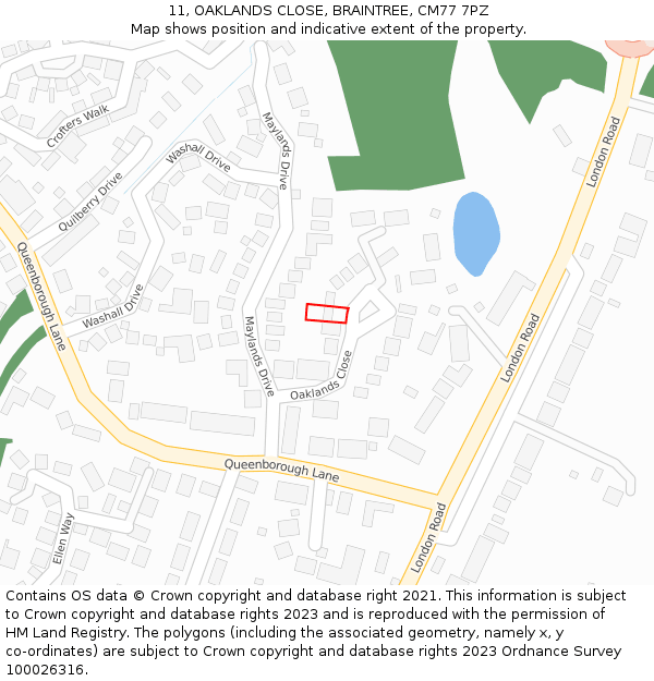 11, OAKLANDS CLOSE, BRAINTREE, CM77 7PZ: Location map and indicative extent of plot