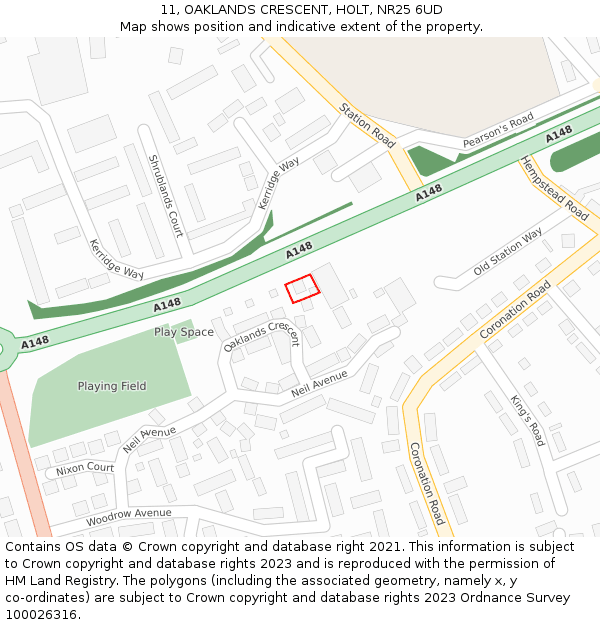 11, OAKLANDS CRESCENT, HOLT, NR25 6UD: Location map and indicative extent of plot