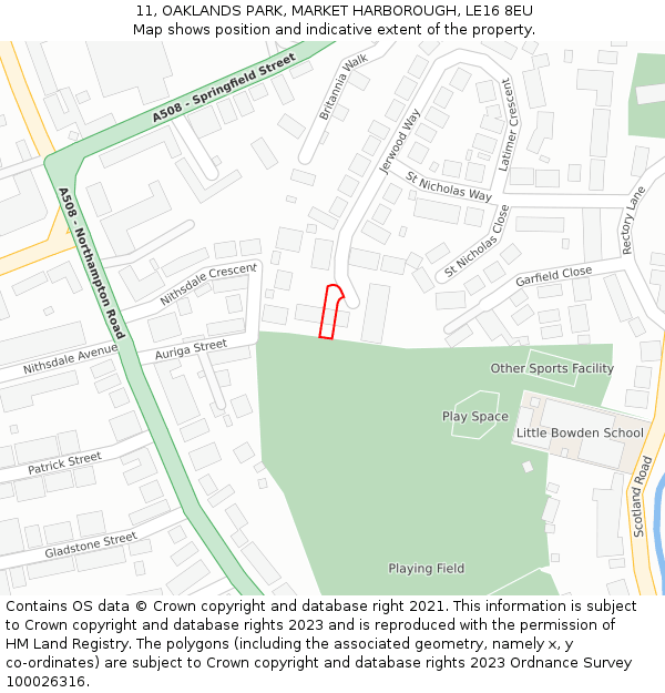 11, OAKLANDS PARK, MARKET HARBOROUGH, LE16 8EU: Location map and indicative extent of plot