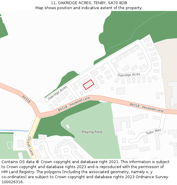 11, OAKRIDGE ACRES, TENBY, SA70 8DB: Location map and indicative extent of plot