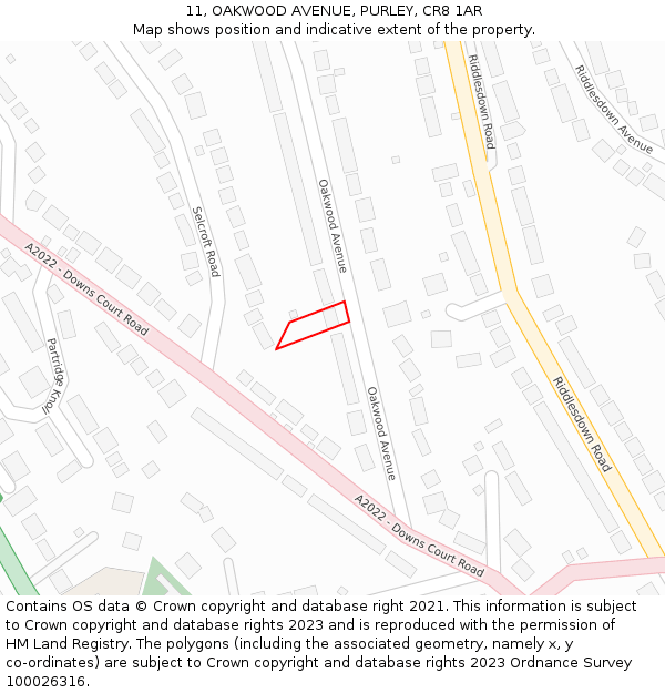 11, OAKWOOD AVENUE, PURLEY, CR8 1AR: Location map and indicative extent of plot