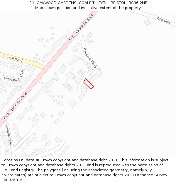 11, OAKWOOD GARDENS, COALPIT HEATH, BRISTOL, BS36 2NB: Location map and indicative extent of plot