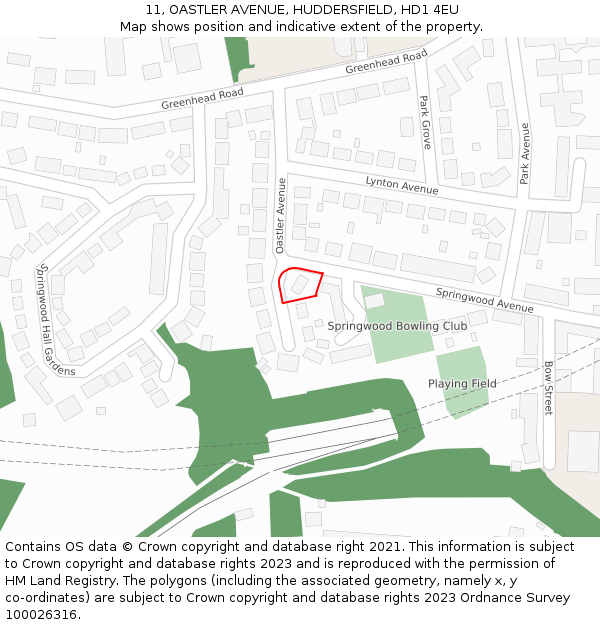 11, OASTLER AVENUE, HUDDERSFIELD, HD1 4EU: Location map and indicative extent of plot