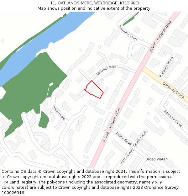 11, OATLANDS MERE, WEYBRIDGE, KT13 9PD: Location map and indicative extent of plot