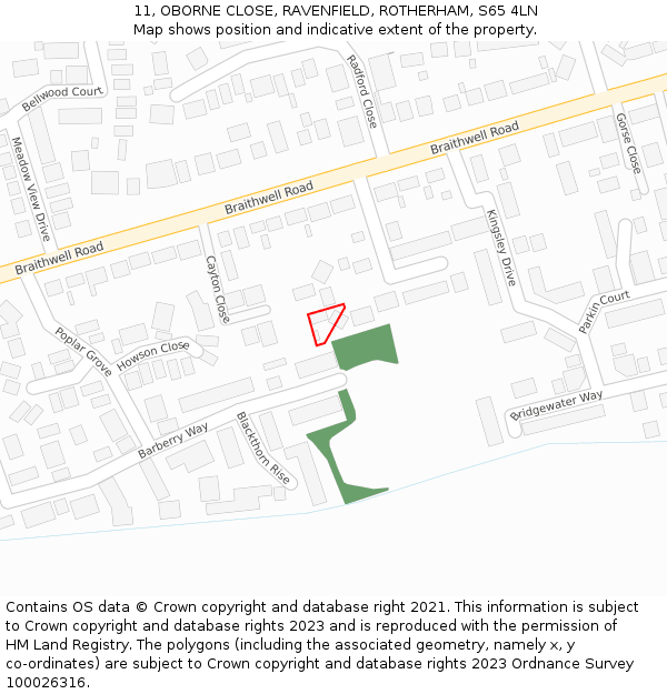 11, OBORNE CLOSE, RAVENFIELD, ROTHERHAM, S65 4LN: Location map and indicative extent of plot