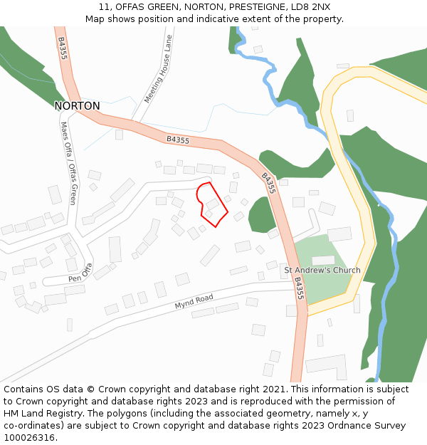 11, OFFAS GREEN, NORTON, PRESTEIGNE, LD8 2NX: Location map and indicative extent of plot