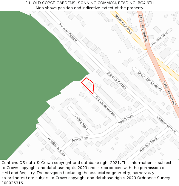 11, OLD COPSE GARDENS, SONNING COMMON, READING, RG4 9TH: Location map and indicative extent of plot