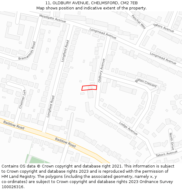 11, OLDBURY AVENUE, CHELMSFORD, CM2 7EB: Location map and indicative extent of plot