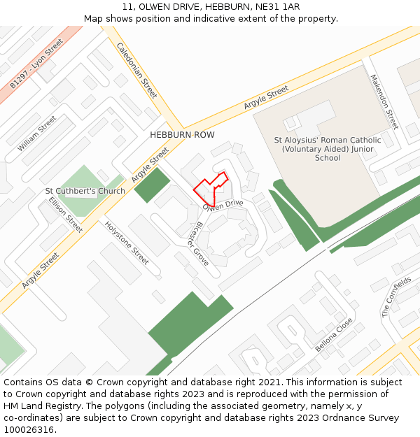 11, OLWEN DRIVE, HEBBURN, NE31 1AR: Location map and indicative extent of plot