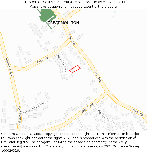 11, ORCHARD CRESCENT, GREAT MOULTON, NORWICH, NR15 2HB: Location map and indicative extent of plot